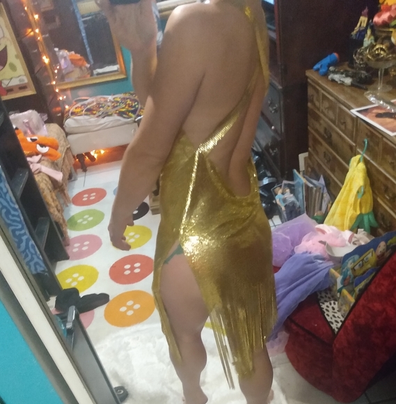 Metallic Gold Chain Link Sexy Low Cut Dress - Picture 9 of 10
